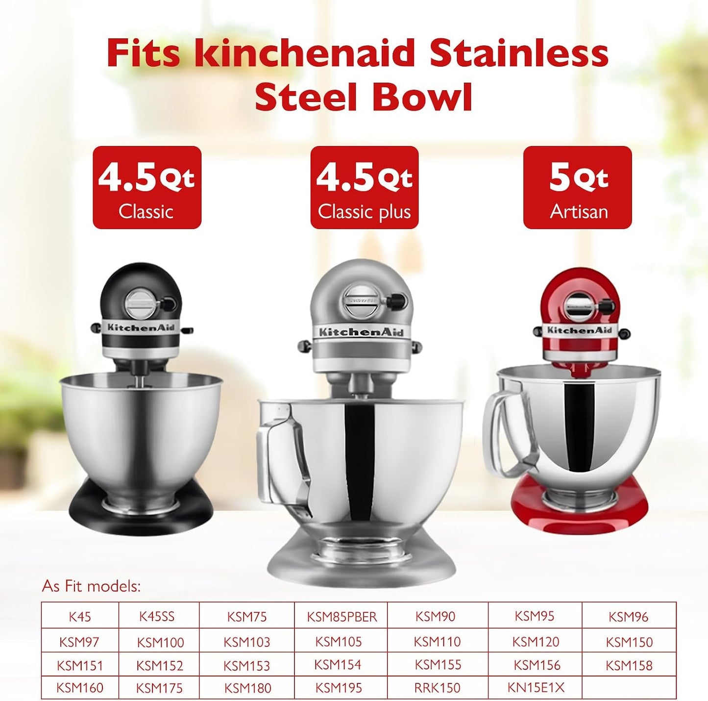 Tazón acero inox 5qt con mango tapa comp KitchenAid K45 KSM150
