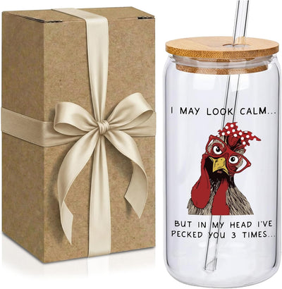 Taza de vidrio con tapa y pajita divertida de pollo para mujeres