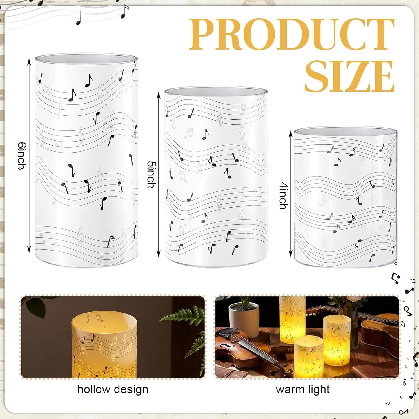 Set 3 Velas Votivas Sin Llama Notas Musicales LED Negro
