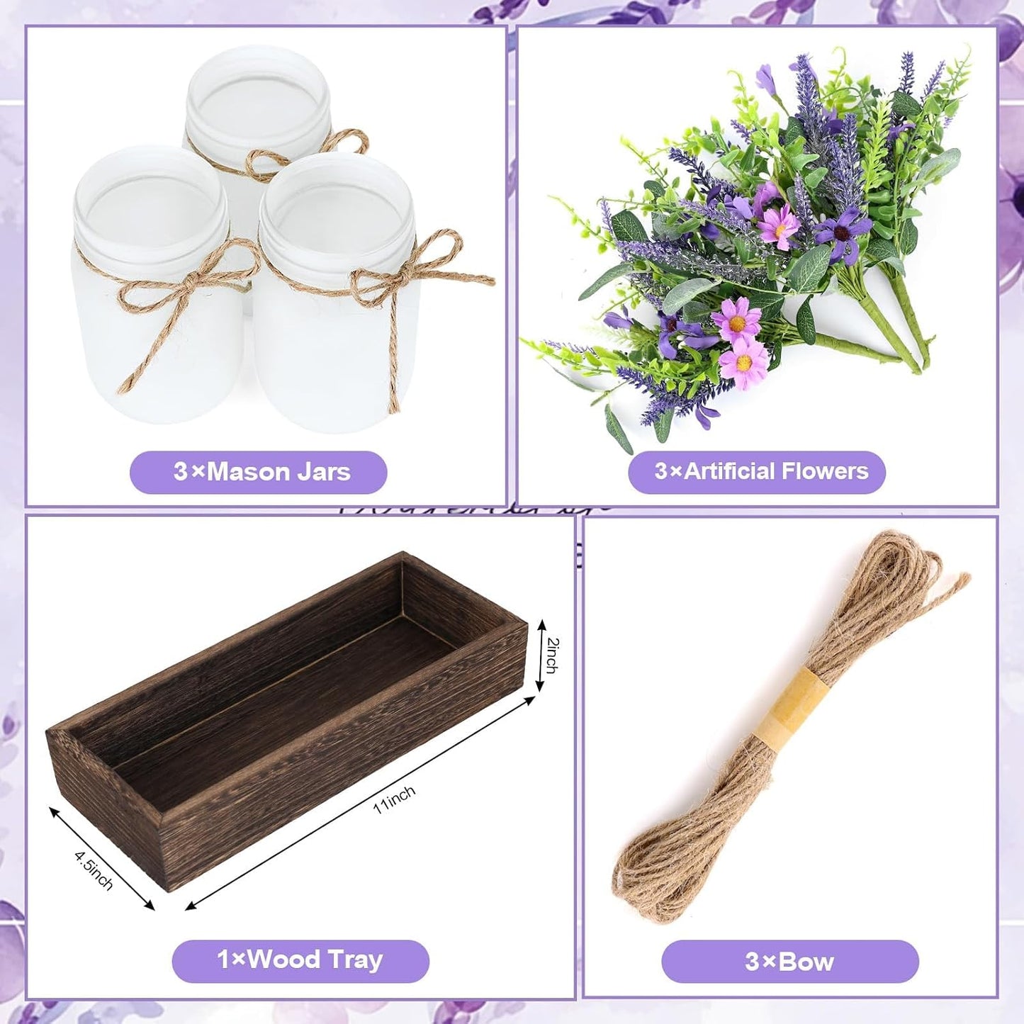3 Pzas Tarros Lavanda con Bandeja Madera Decoración