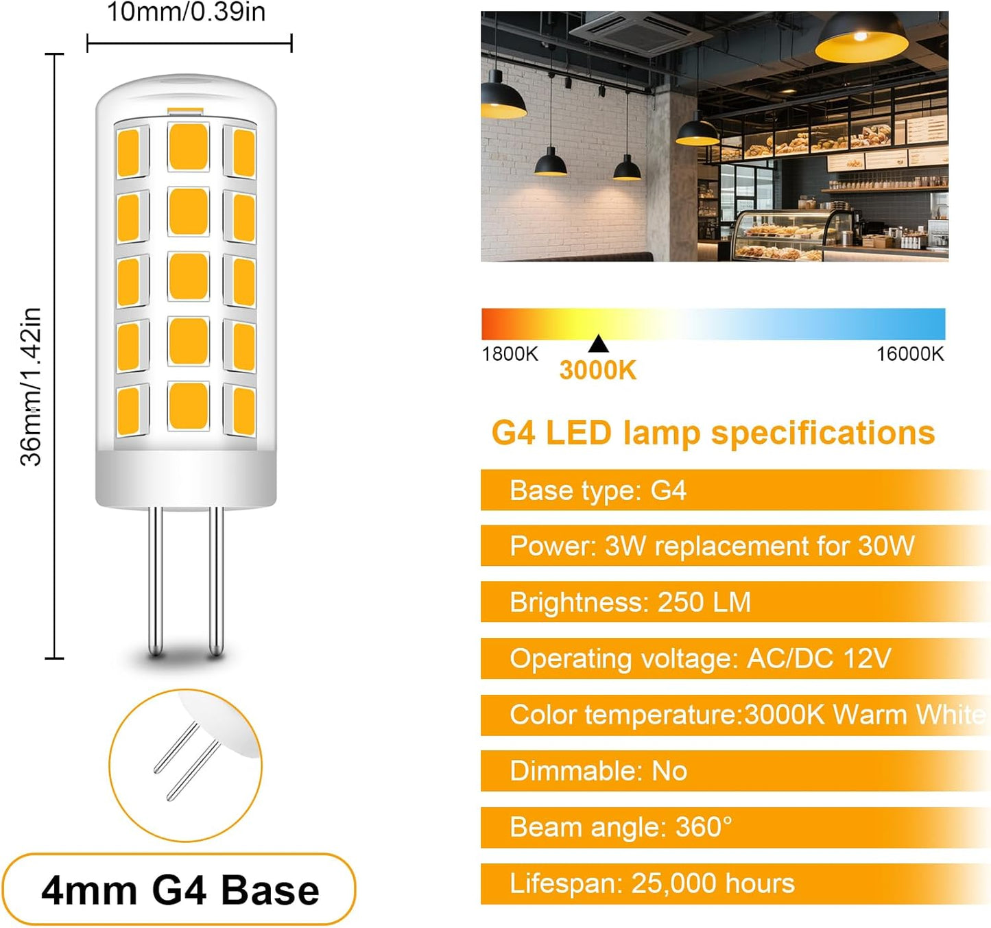 Bombilla LED G4 T3 3W 12V blanco cálido 3000K