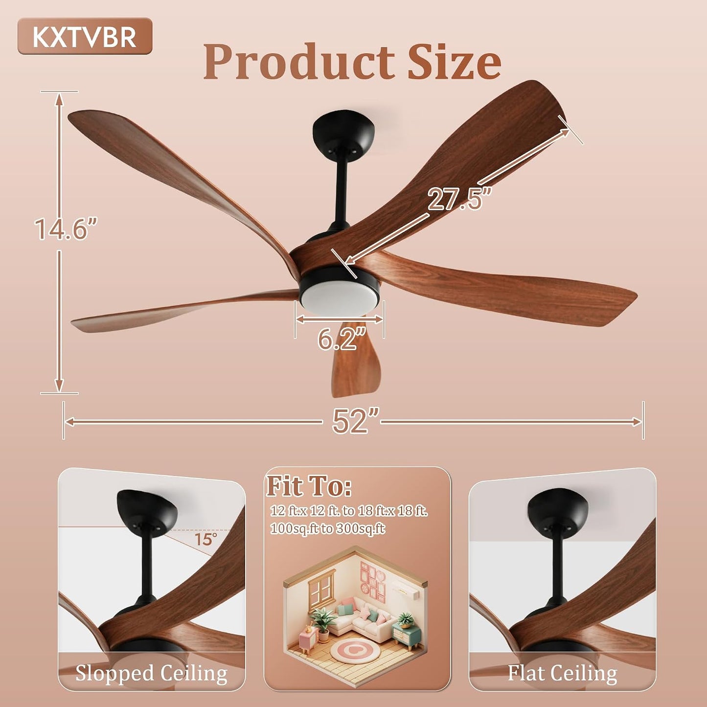 Ventilador techo 52pulg luces 6 vel CC reversibles control remoto