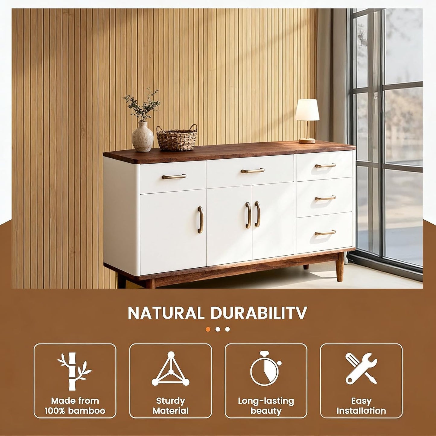 Panel pared bambú natural decoración interiores 7.8x1.3pies