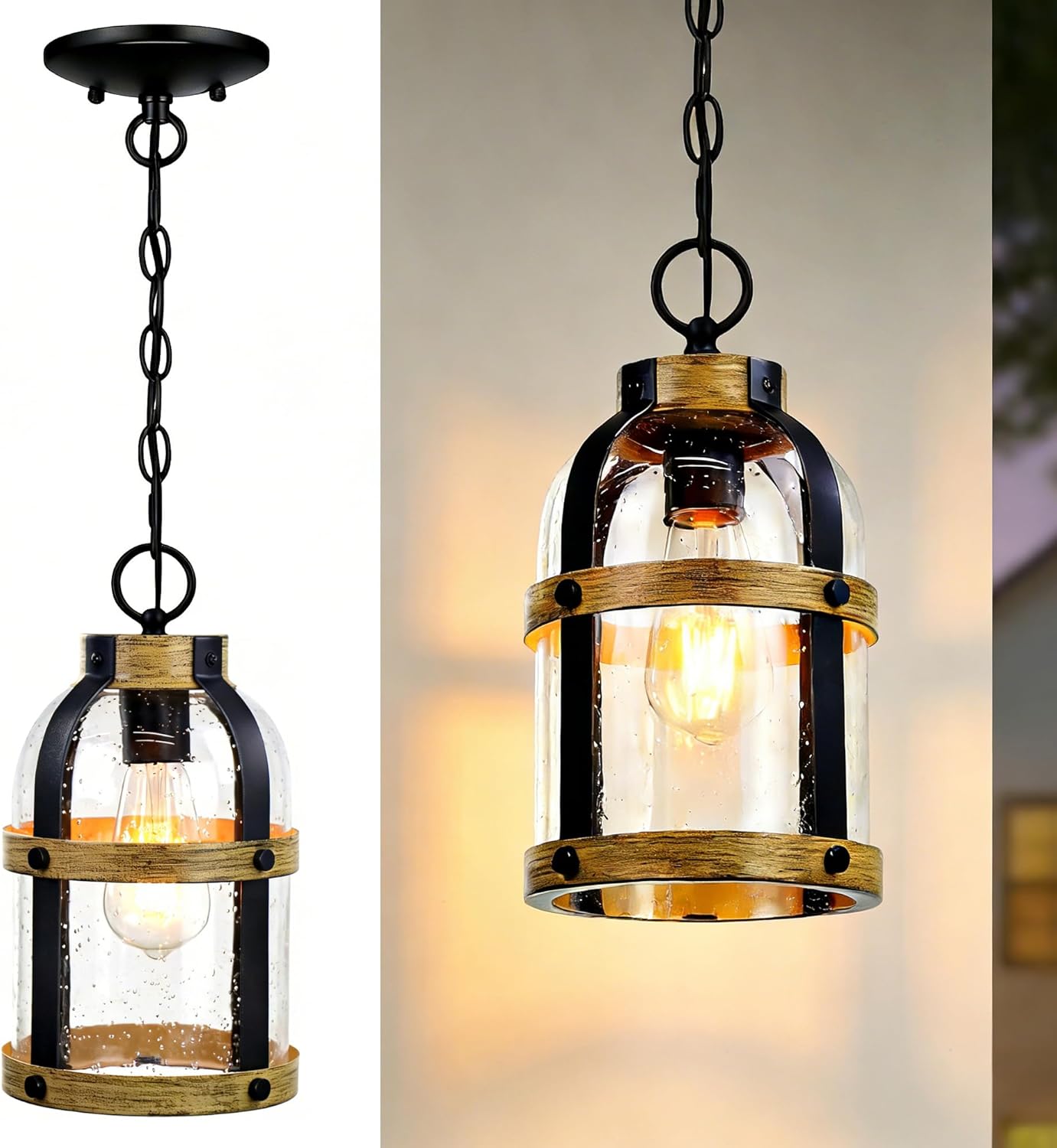 Lámpara colgante exterior negro madera vidrio sembrado