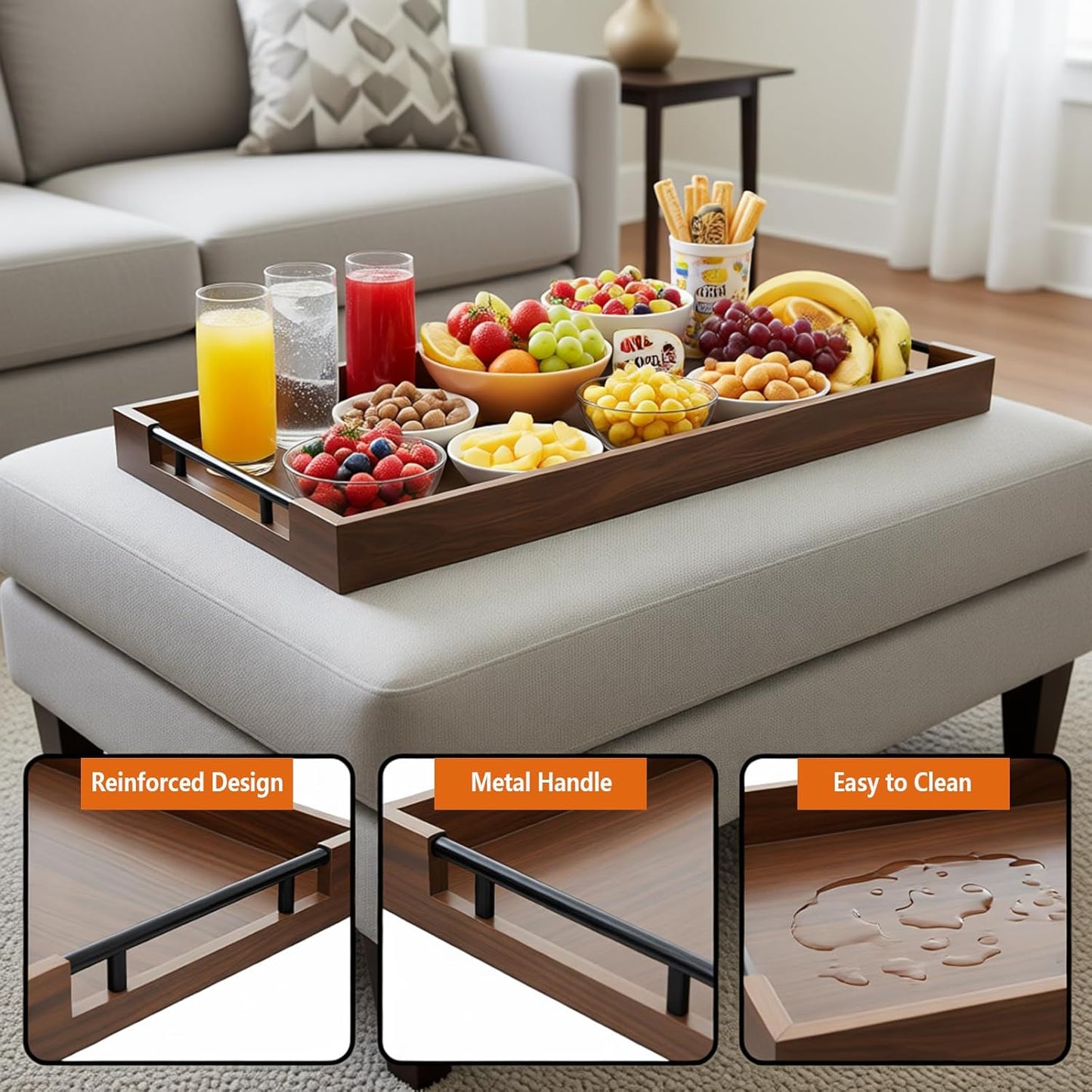 Bandeja acacia 32x12pulg mango metal para queso carne