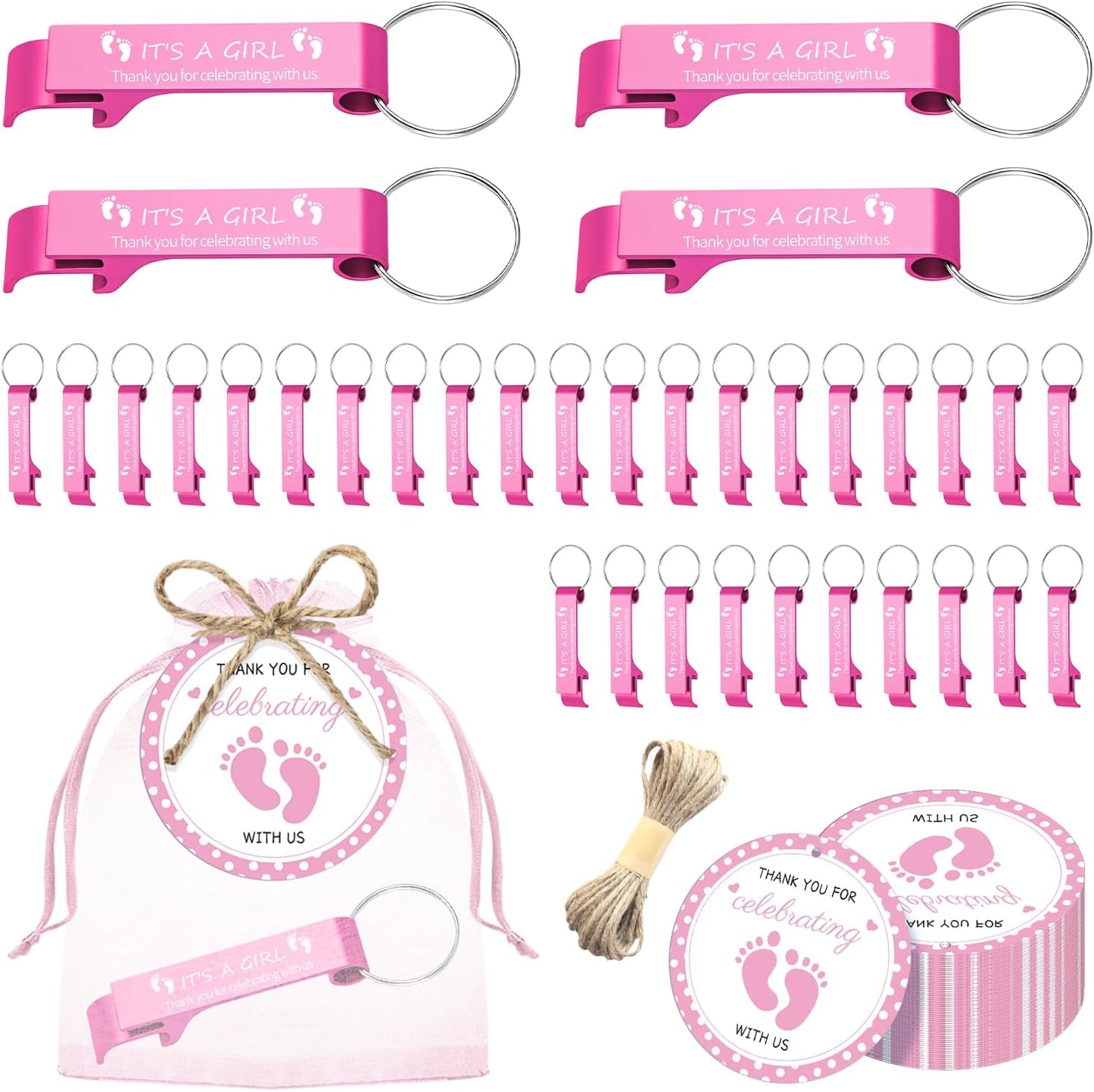50 juegos de abrebotellas para baby shower con tarjetas y bolsas de organza