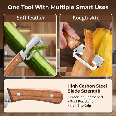 Paquete de 2 peladores multifuncionales de verduras con mango de madera