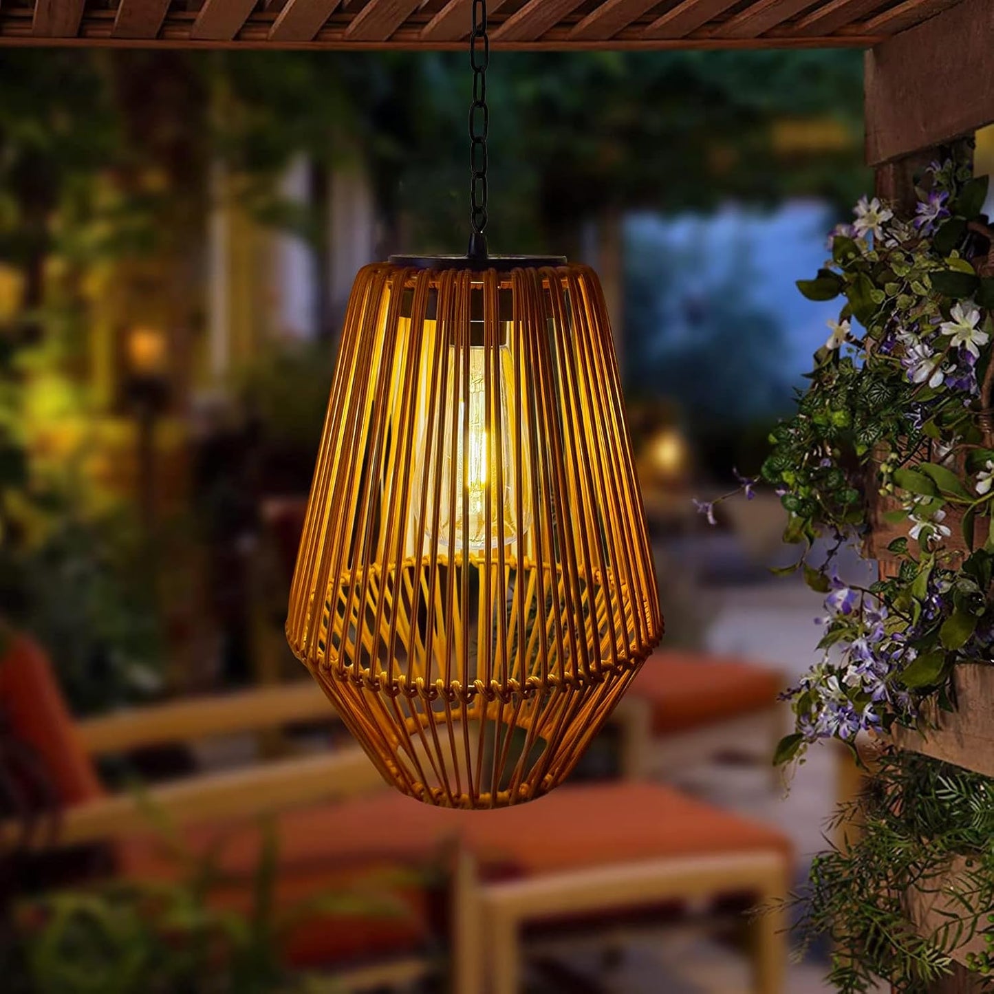 Linterna solar ratán impermeable luces colgantes jardín rústica