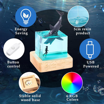 Lámpara resina tiburón luz nocturna USB base madera