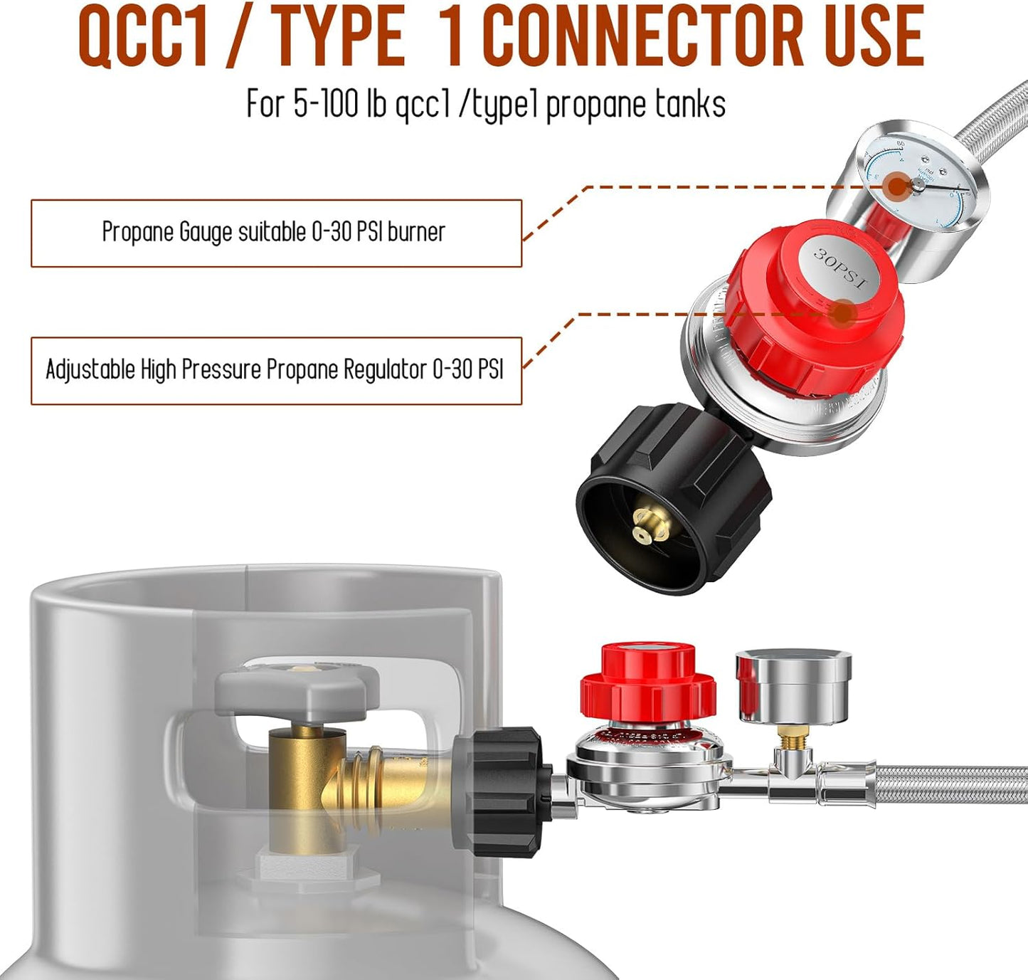 Regulador propano ajustable 5ft 0-30PSI manguera acero inox