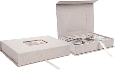 Caja fotos lino 5x7pulg con ventana elegante