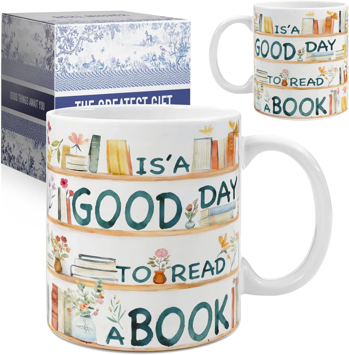 Taza con texto "It's a Good Day to Read a Book" para amantes de los libros