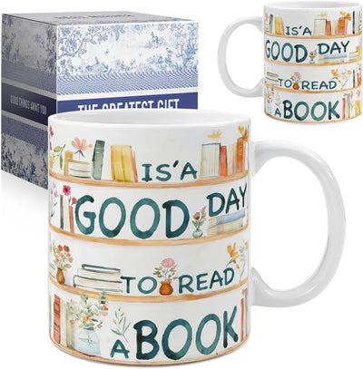 Taza con texto "It's a Good Day to Read a Book" para amantes de los libros