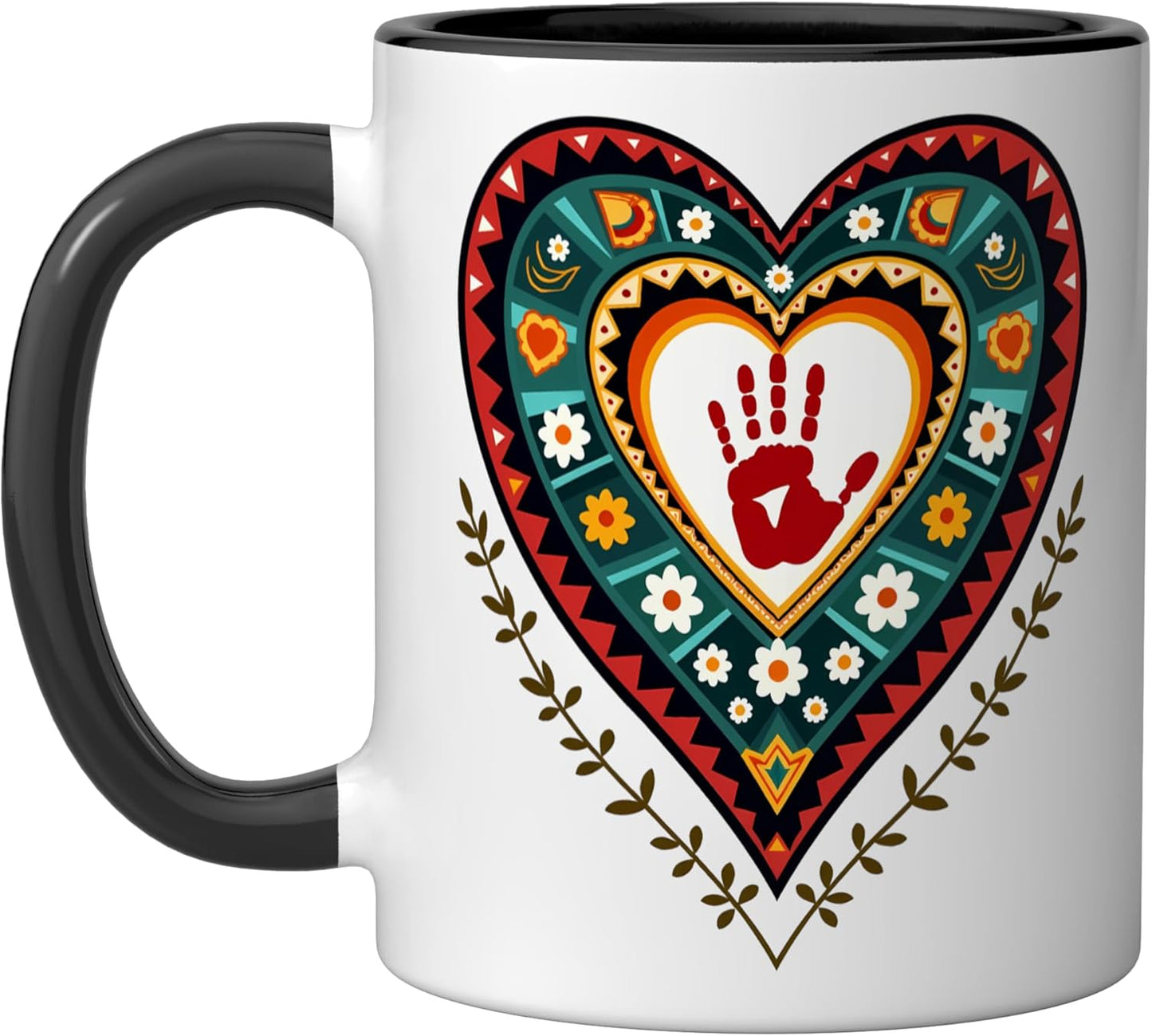 Taza cerámica forma corazón rojo sangre indígena nativo americano negro/blanco