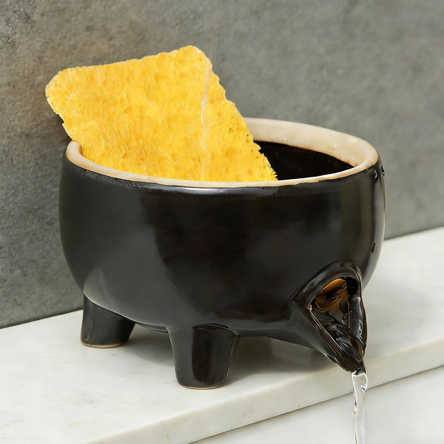 Soporte de esponja cerámica con drenaje organizador fregadero negro estante para jabón y cepillos