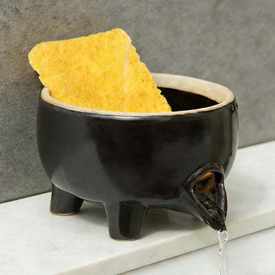 Soporte de esponja cerámica con drenaje organizador fregadero negro estante para jabón y cepillos