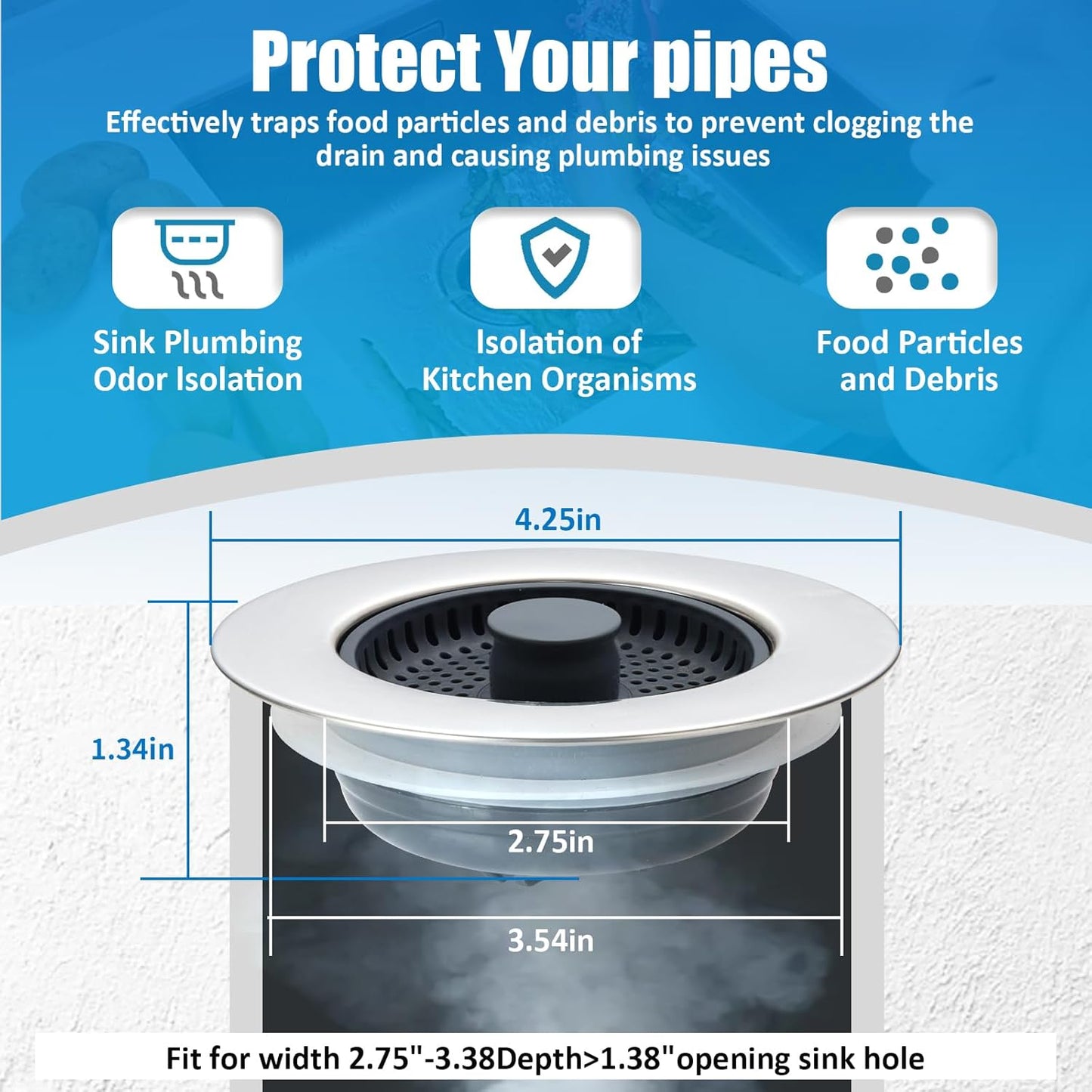 2 Tapones Drenaje 3en1 Acero Inox Fregadero