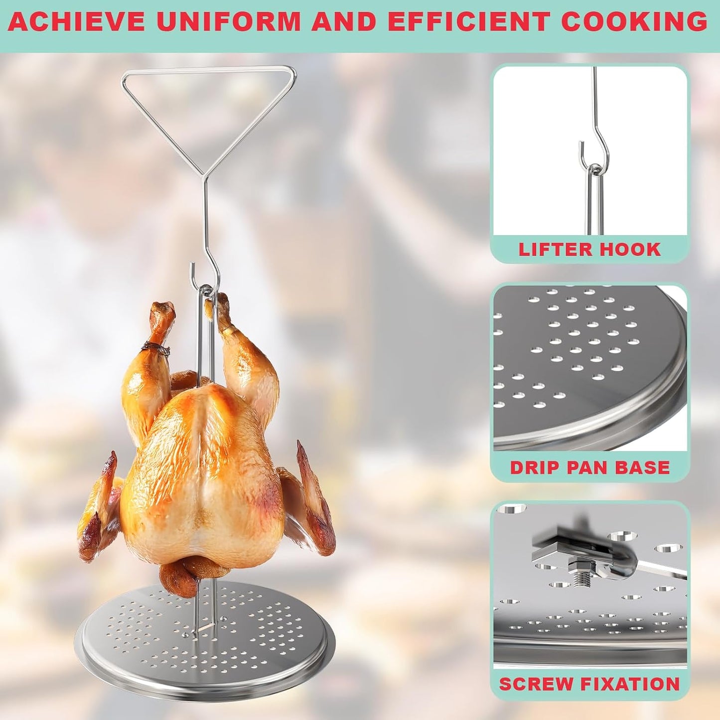 Kit soporte freidora pavo parrilla percha pollo acero inox