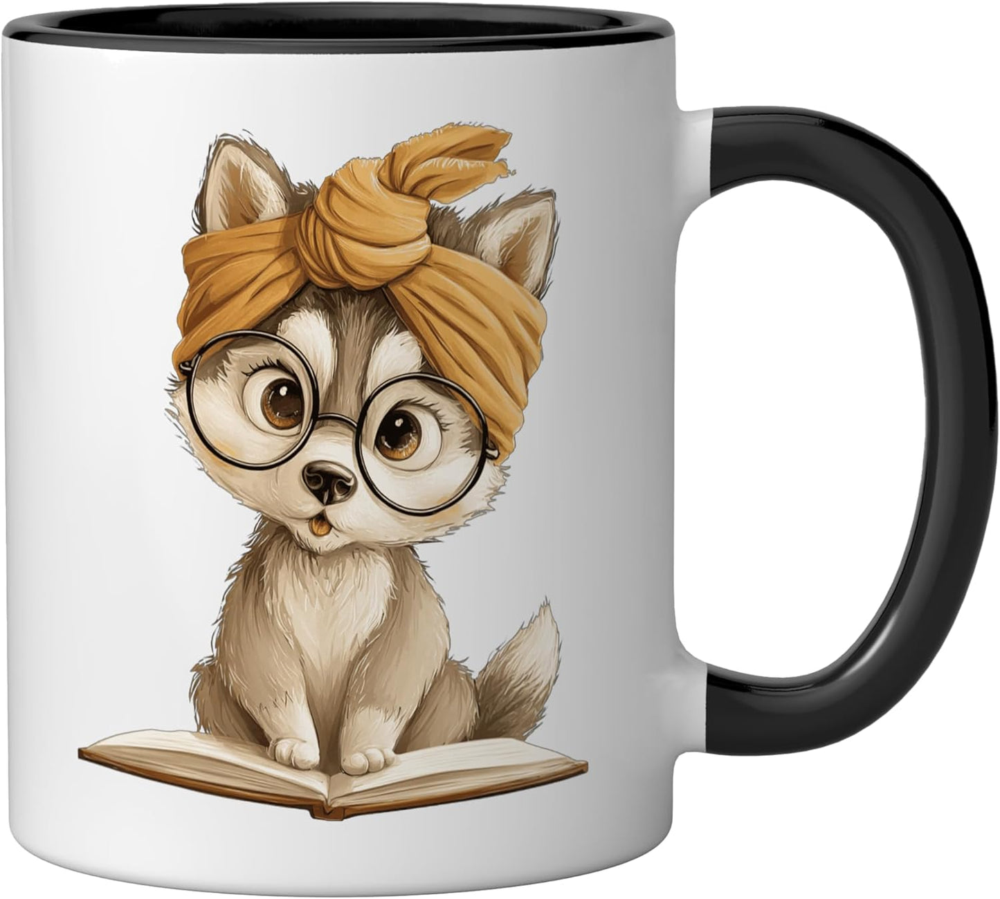 Libro para leer con taza de cerámica perro husky negro/blanco