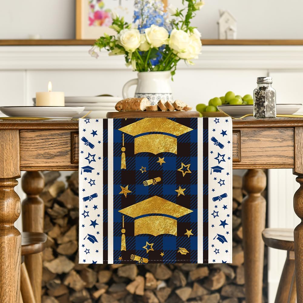 Camino de mesa de graduación Artoid Mode con estrellas y dorados color azul 13 x 72 pulgadas