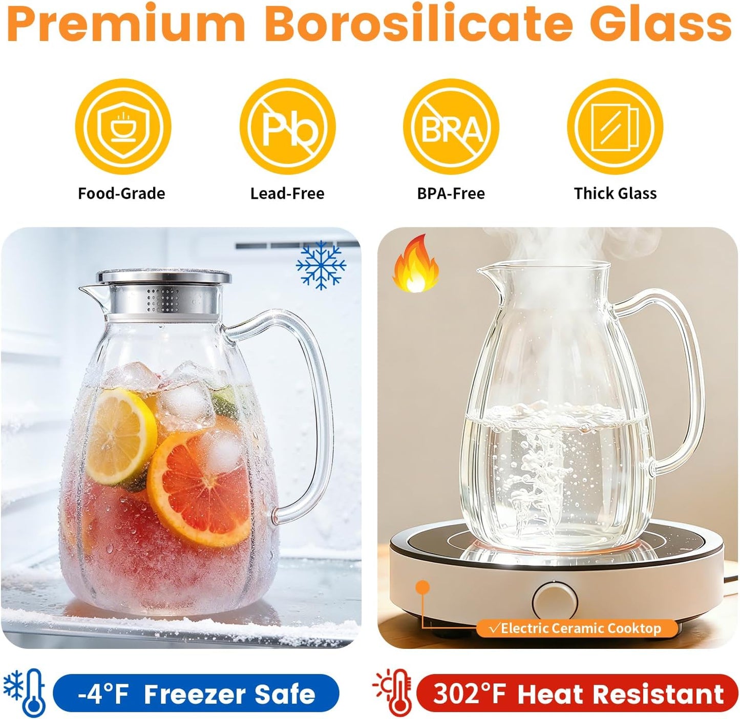 Jarra de vidrio borosilicato con tapa de acero inoxidable 2.2L