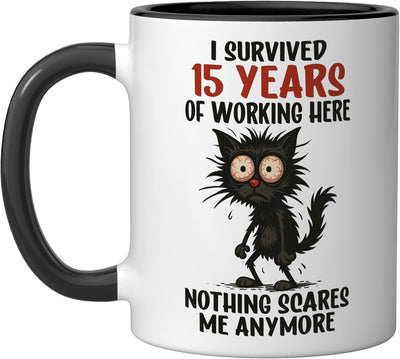 Taza de cerámica para aniversario laboral 15 años negro/blanco