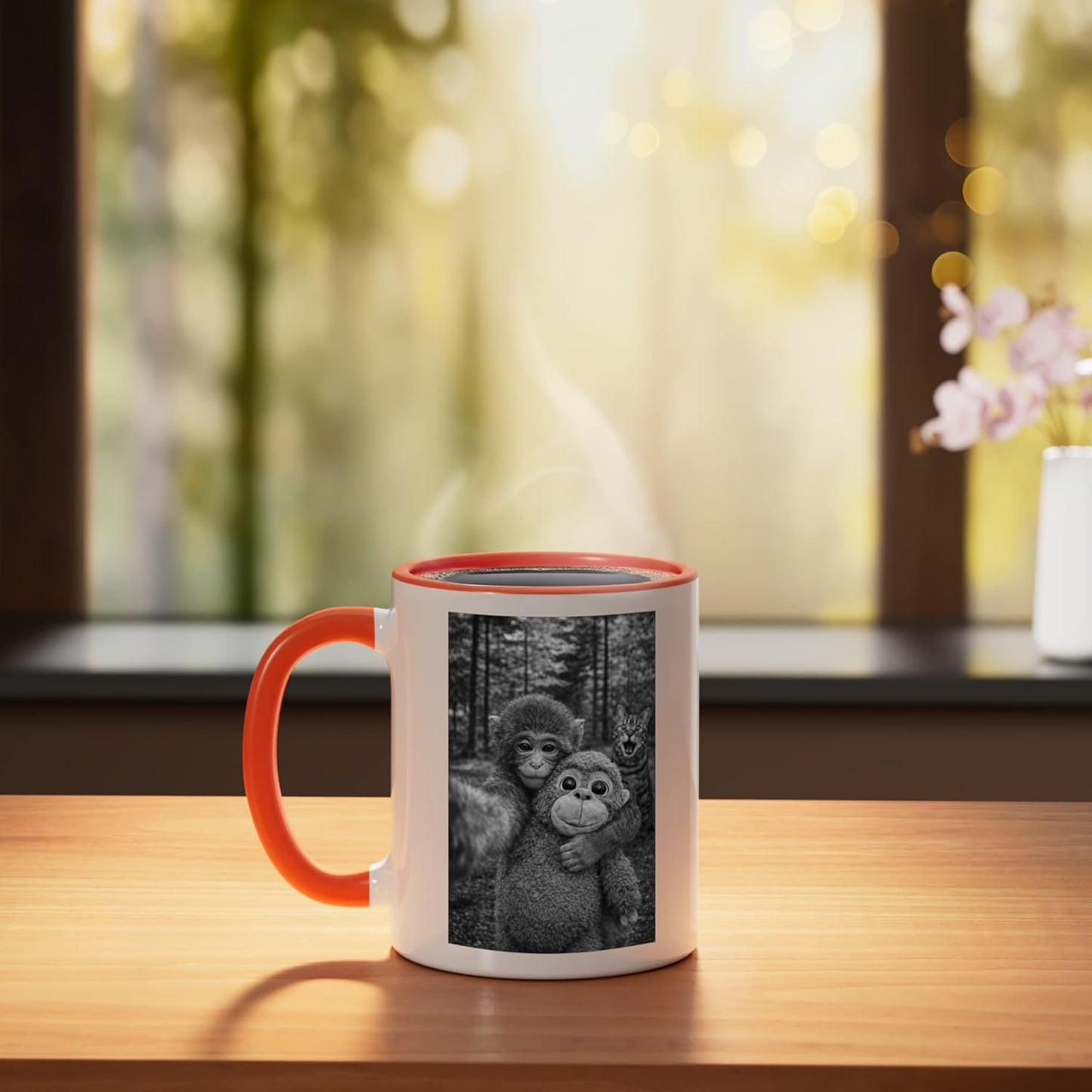 Taza cerámica Sad Monkey Meme con gato viral en color naranja/blanco