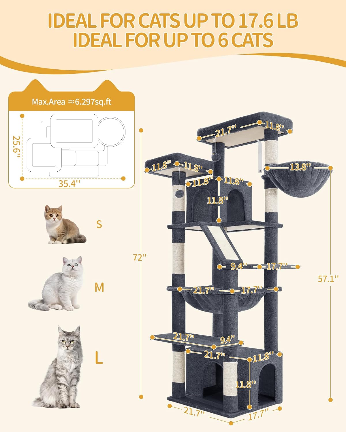 Torre para gatos de 72pulg 2 plataformas 6 gatos