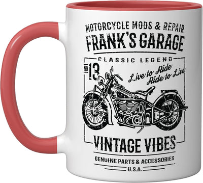 Taza cerámica para motocicleta Frank's Garage con nombre Frank en rojo/blanco