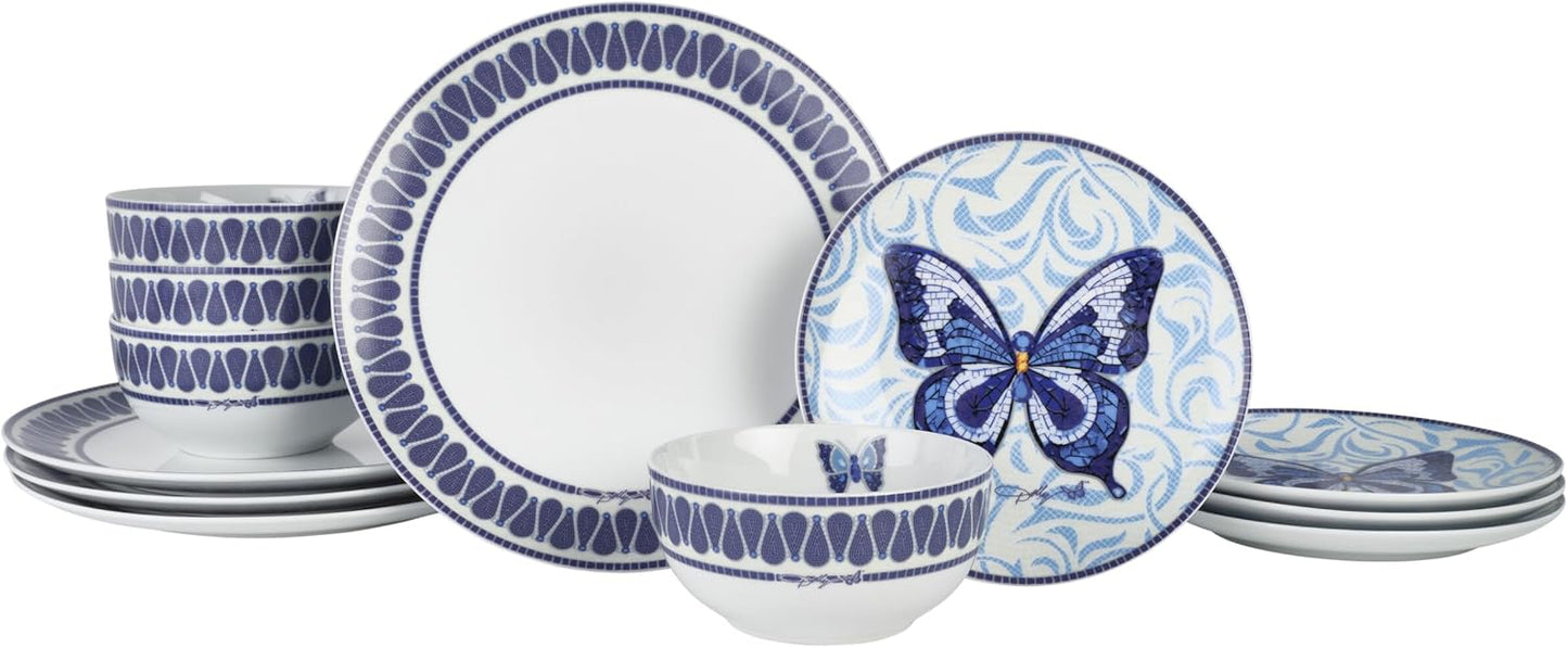 Juego 12 Pzas Vajilla Porcelana Mosaico Azul Mariposas