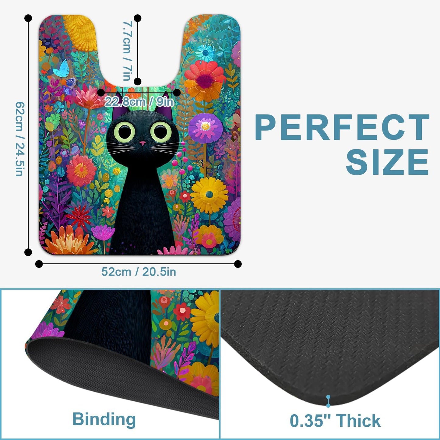 Tapete baño gatos flores forma U 24x20pulg antideslizante negro