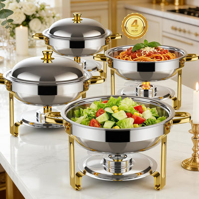 4 Pzas Platos Acero Inox 6qt Buffet Dorado Plata
