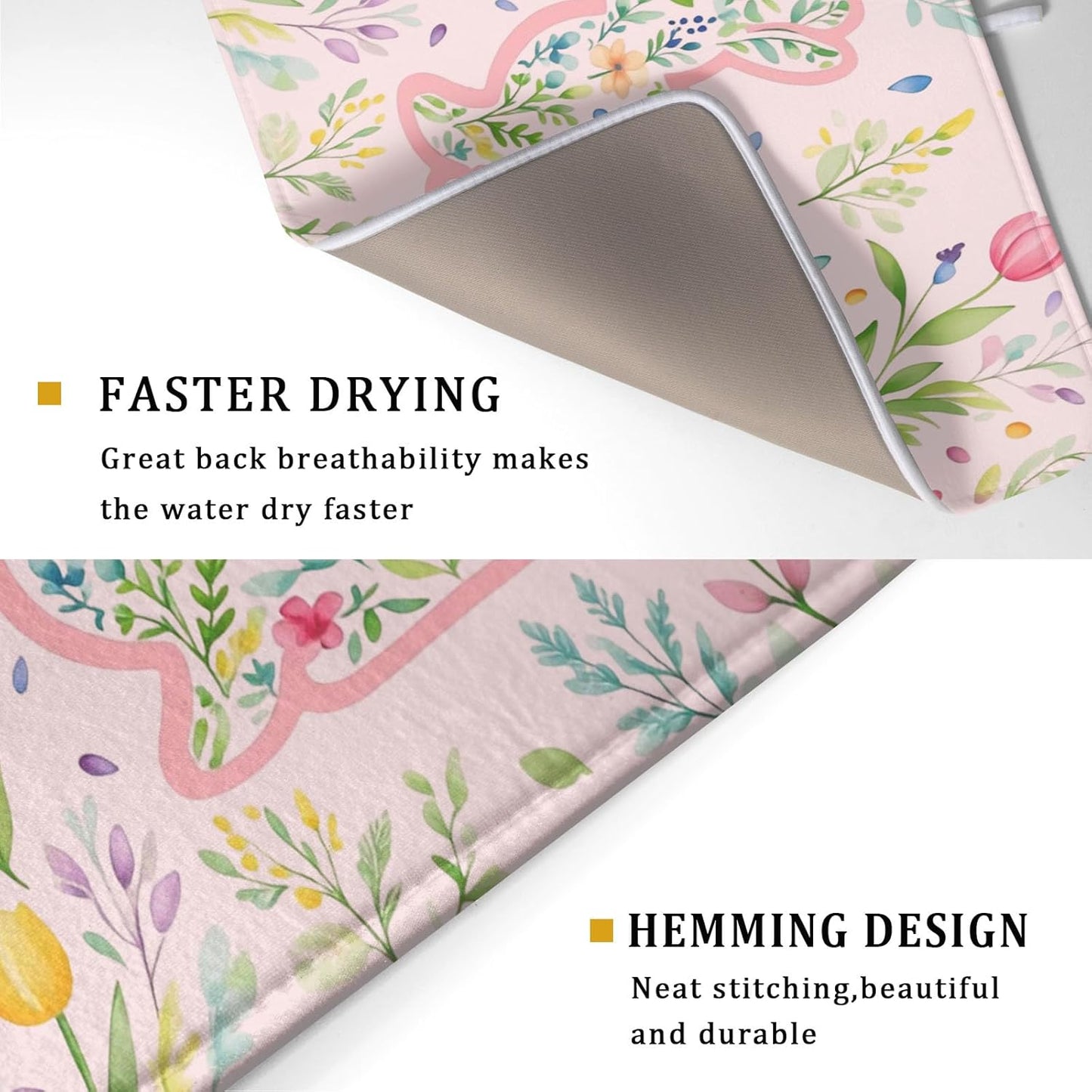 Tapete de secado de platos rosa con diseño de conejito de Pascua microfibra reversible
