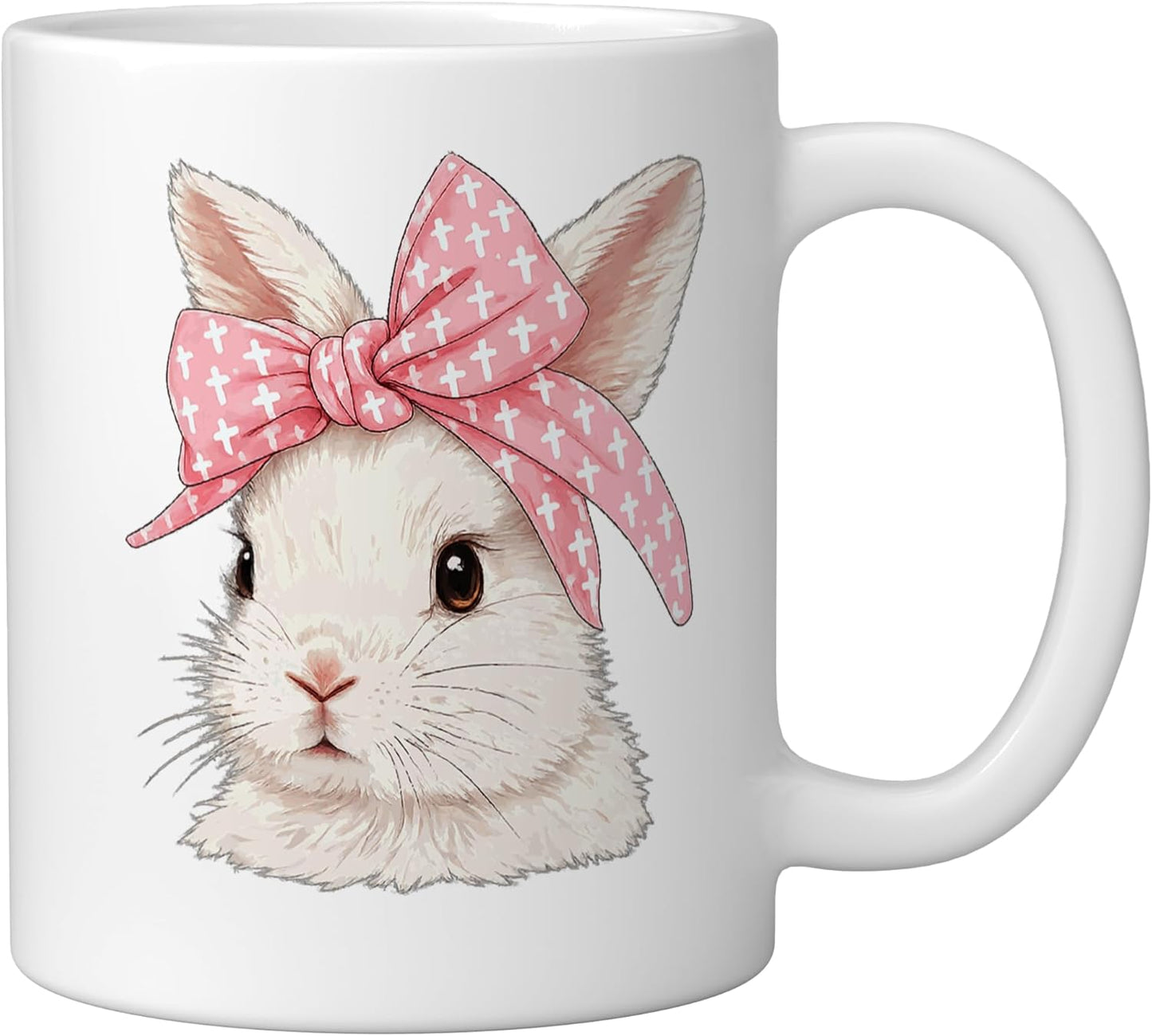 Taza de cerámica Bunny Easter con cruz cristiana y bow rosa