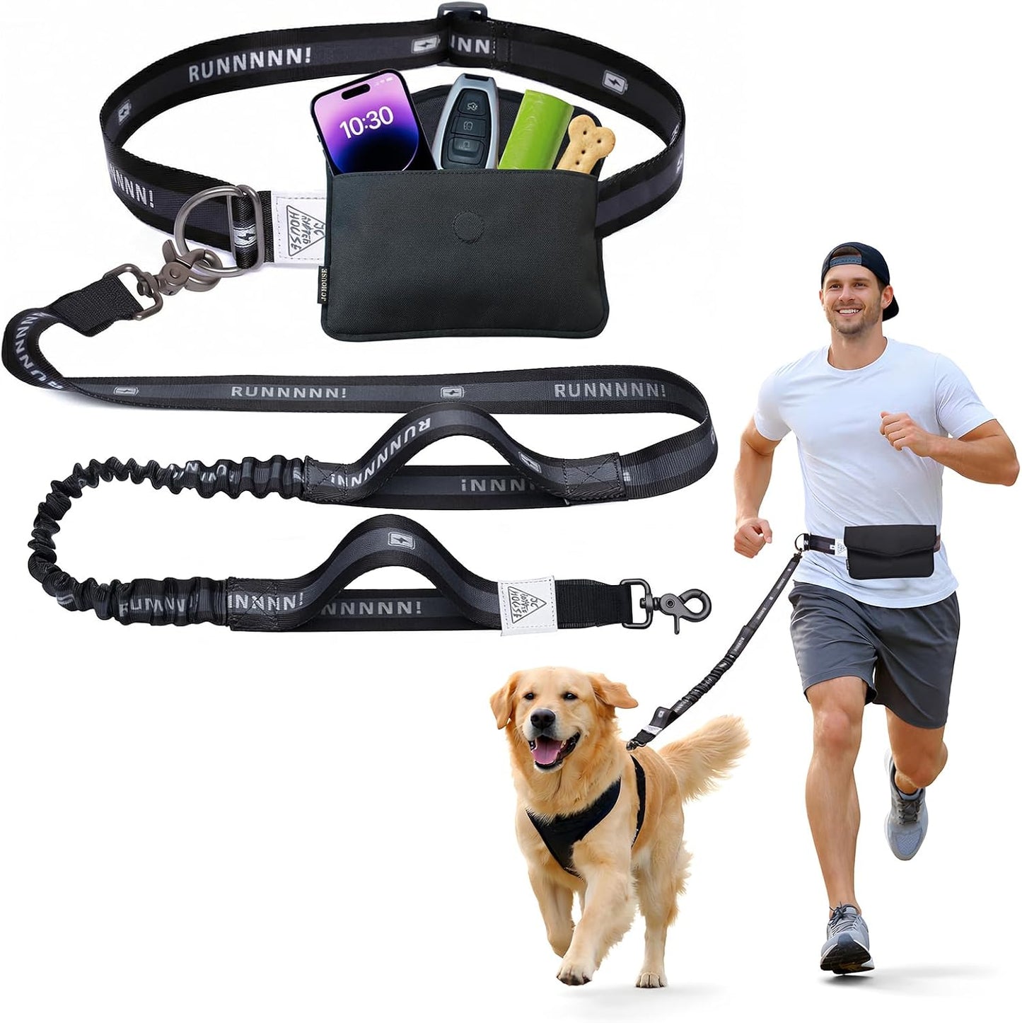 Correa perro manos libres resistente con bolsa cinturón negro