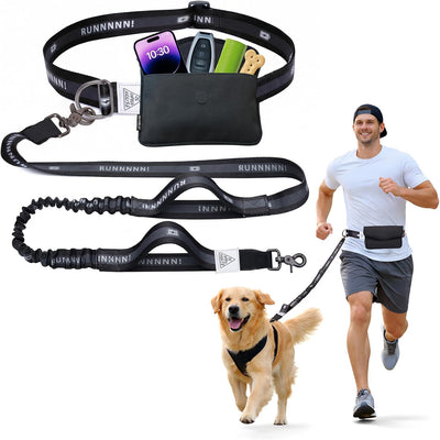 Correa perro manos libres resistente con bolsa cinturón negro