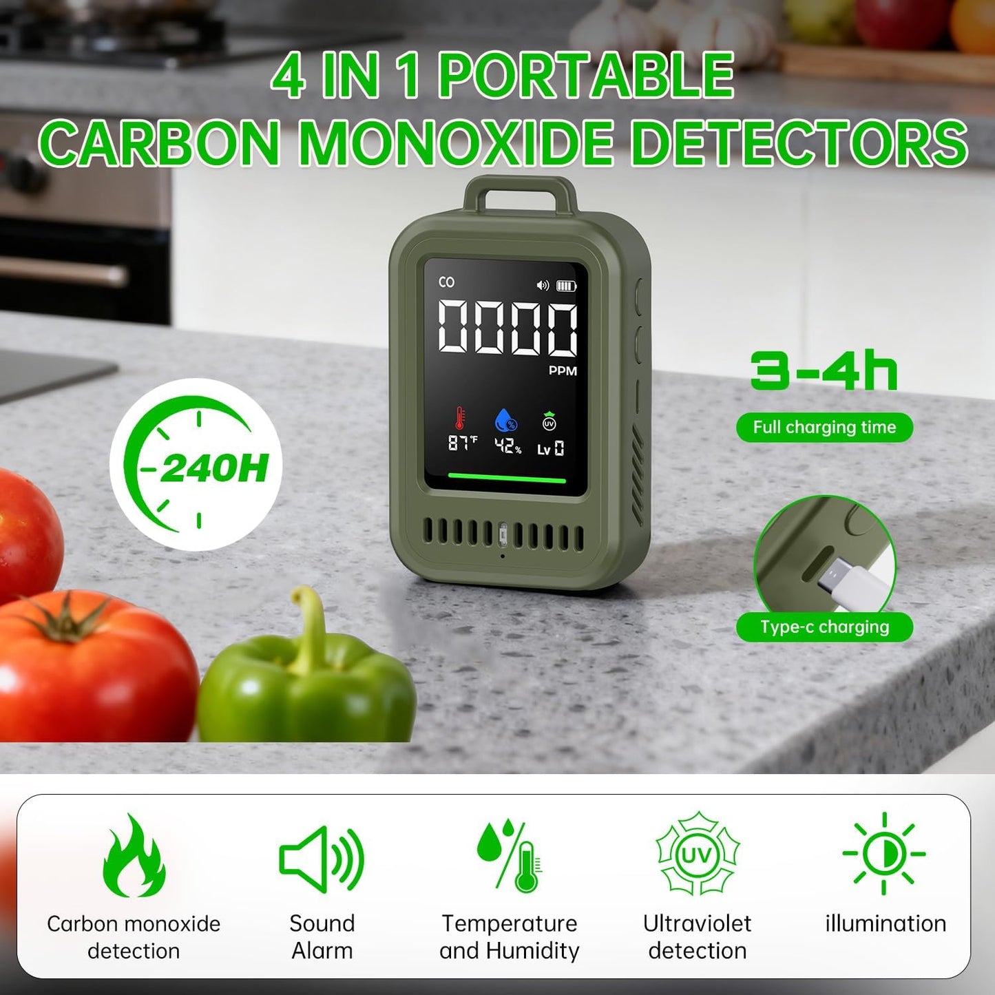 Detector CO 4en1 con alertas audibles y visuales portátil