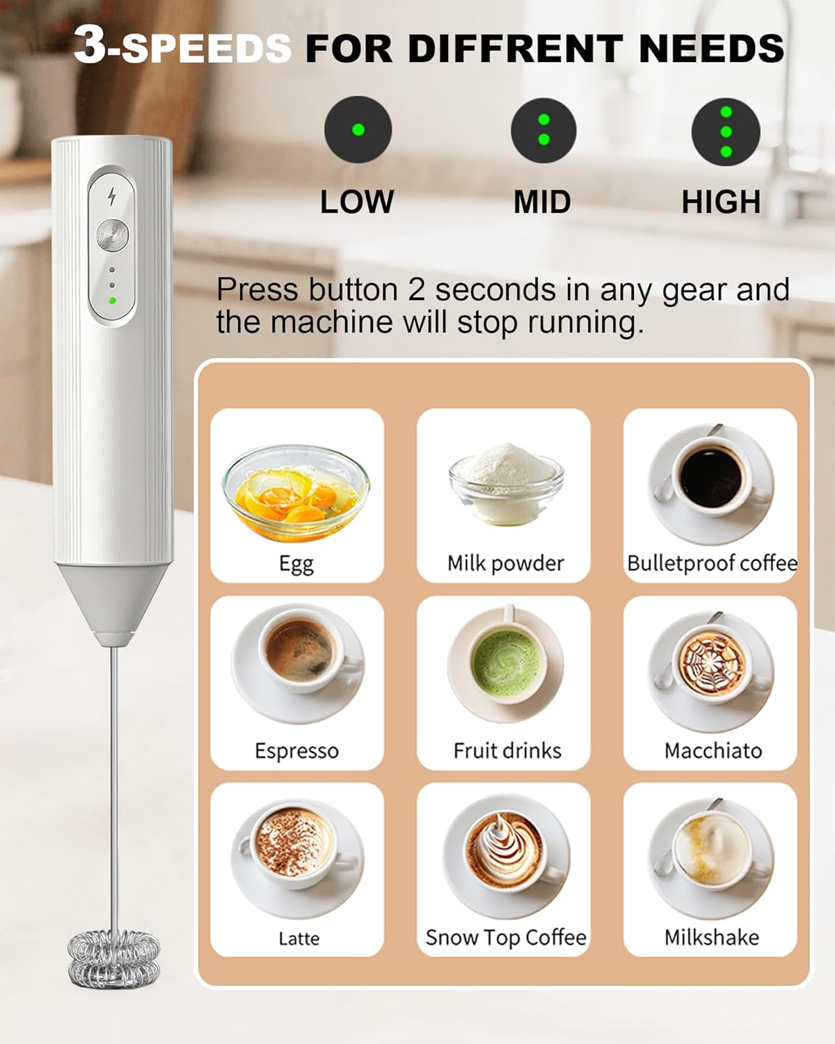 Espumador de leche recargable con tapa de 3 velocidades para café, latte y capuchino