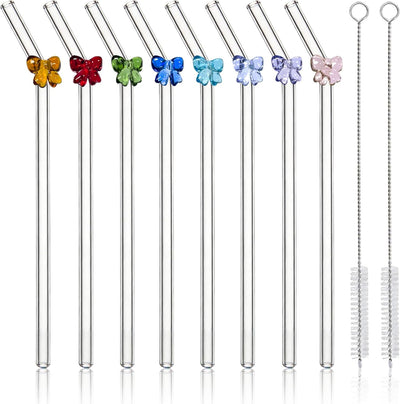 8 Popotes Vidrio con Lazos 0.315pulg Reutilizables 2 Cepillos Limpieza