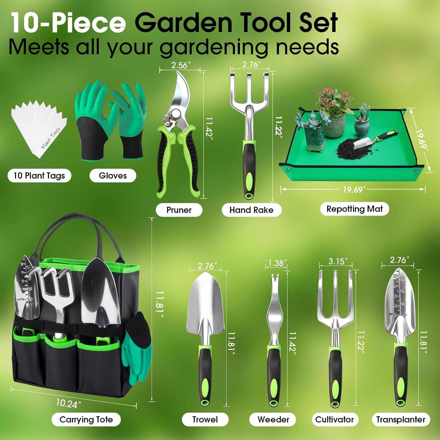 Set 10 Pzas Herramientas Jardín Resistentes Bolsa