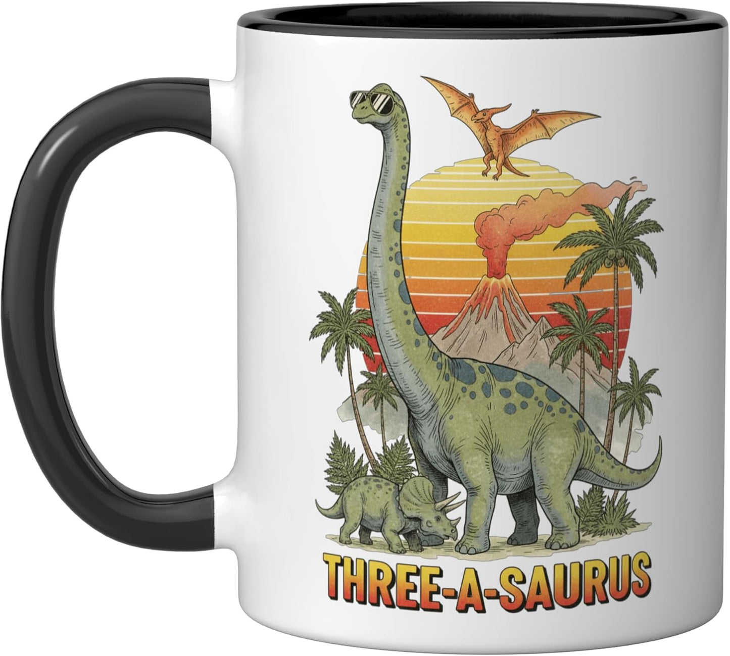 Taza cerámica brontosaurio para cumpleaños 3 años negro/blanco
