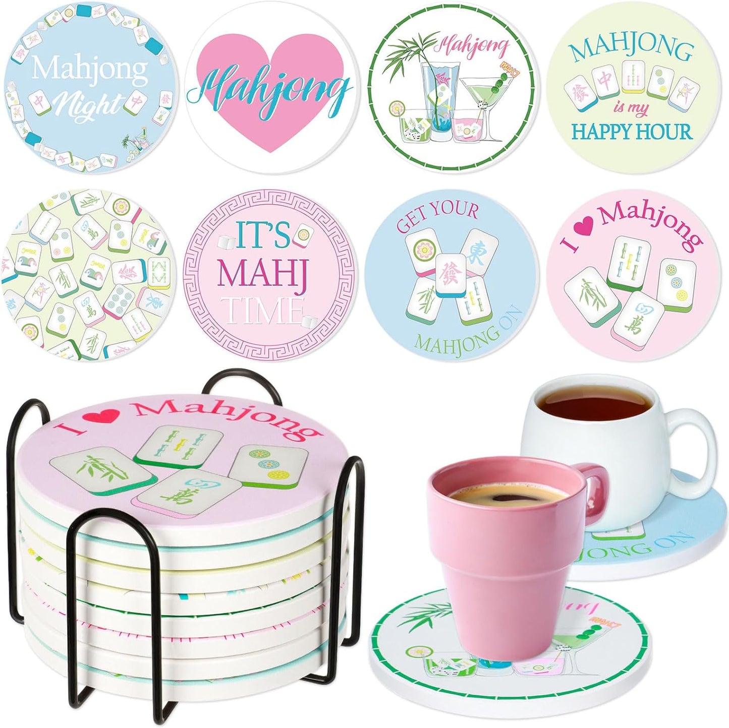 8 Posavasos Cerámica Mahjong con Soporte 3.94pulg Mesa Bebidas