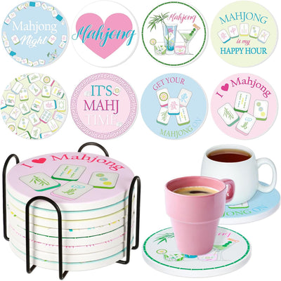 8 Posavasos Cerámica Mahjong con Soporte 3.94pulg Mesa Bebidas