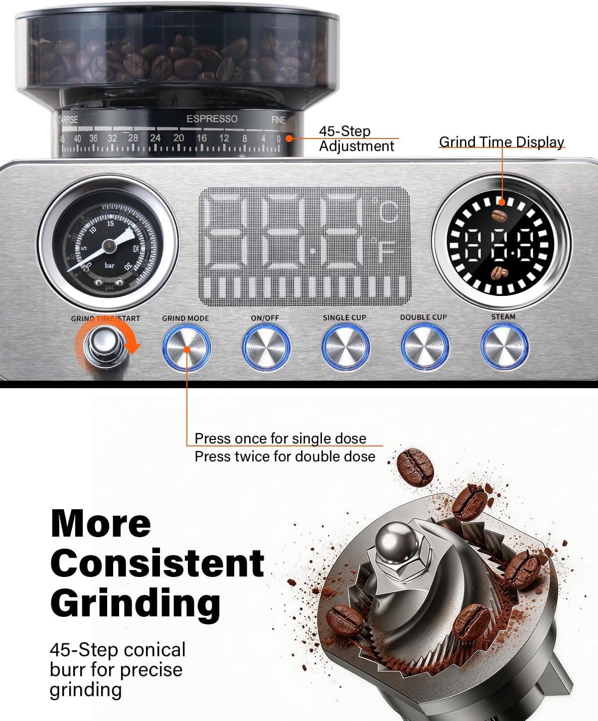 Cafetera Espresso 20 Bar Acero Inox con Molinillo y Cúpula