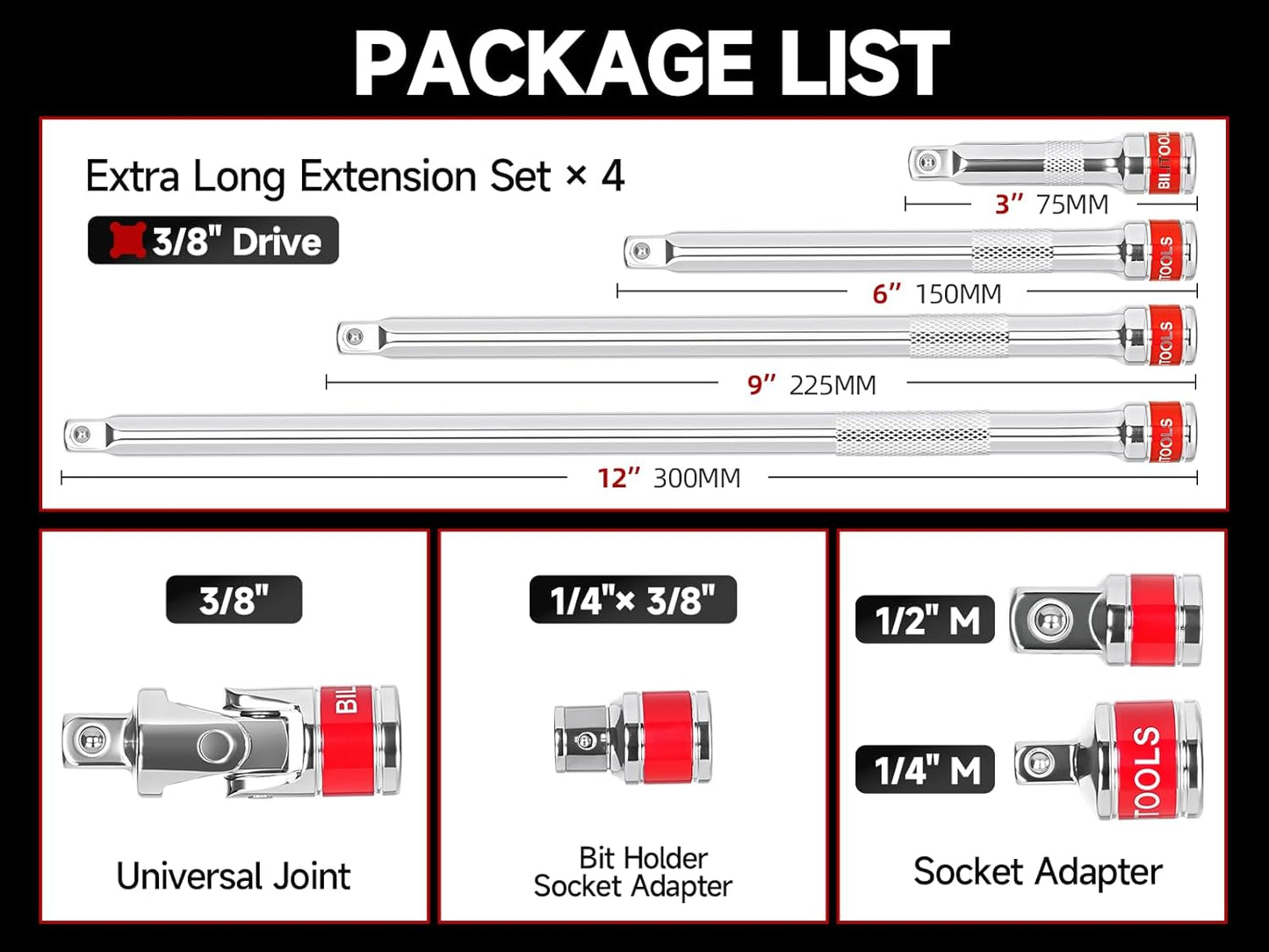 Set 8 Pzas Extensión Enchufe 3/8pulg Barra Larga