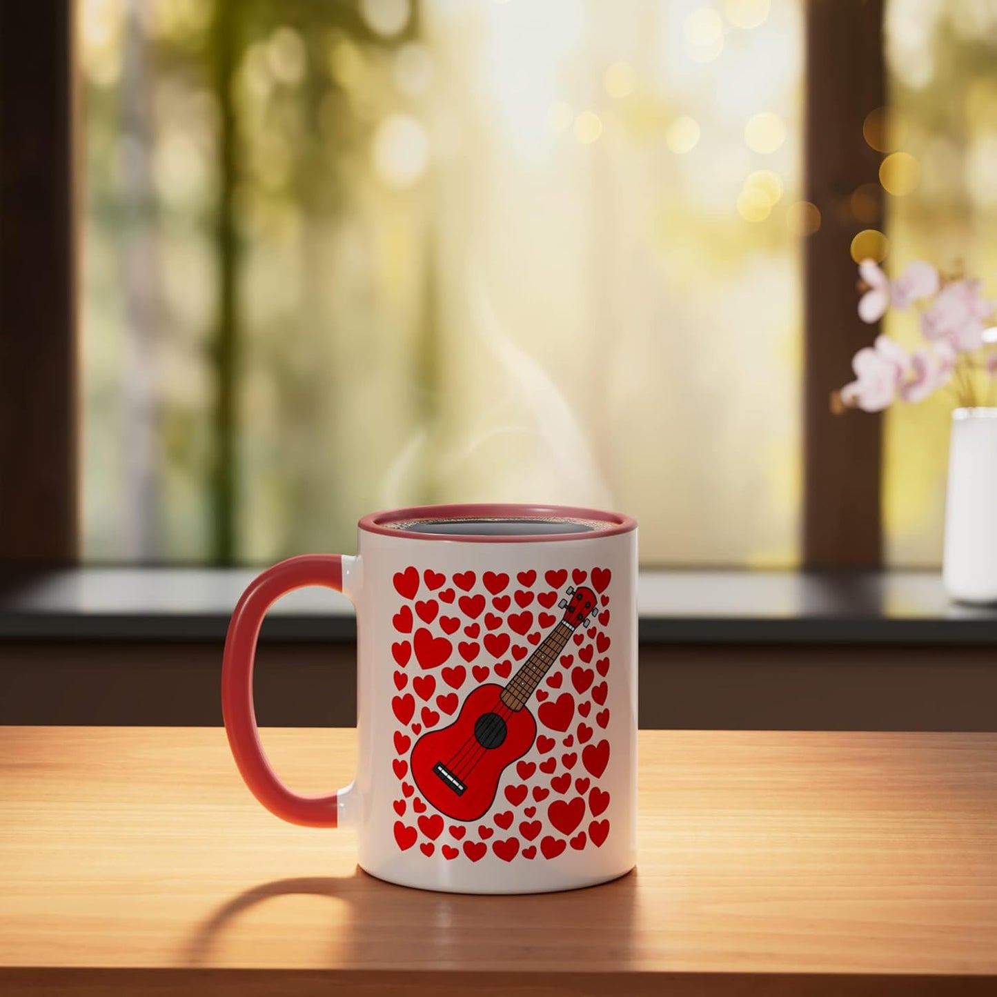 Taza cerámica ukulele con corazones rojo/blanco