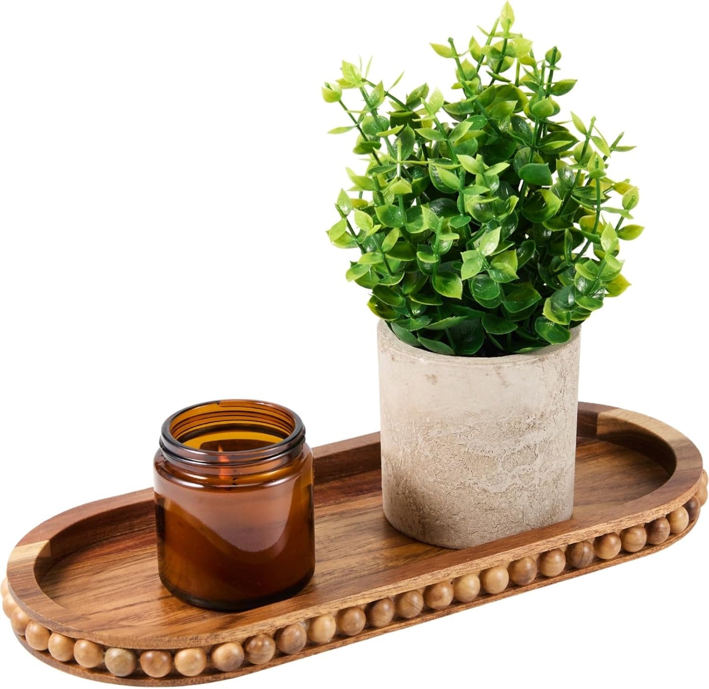 Bandeja ovalada de madera de acacia rústica con borde de cuentas para centro de mesa