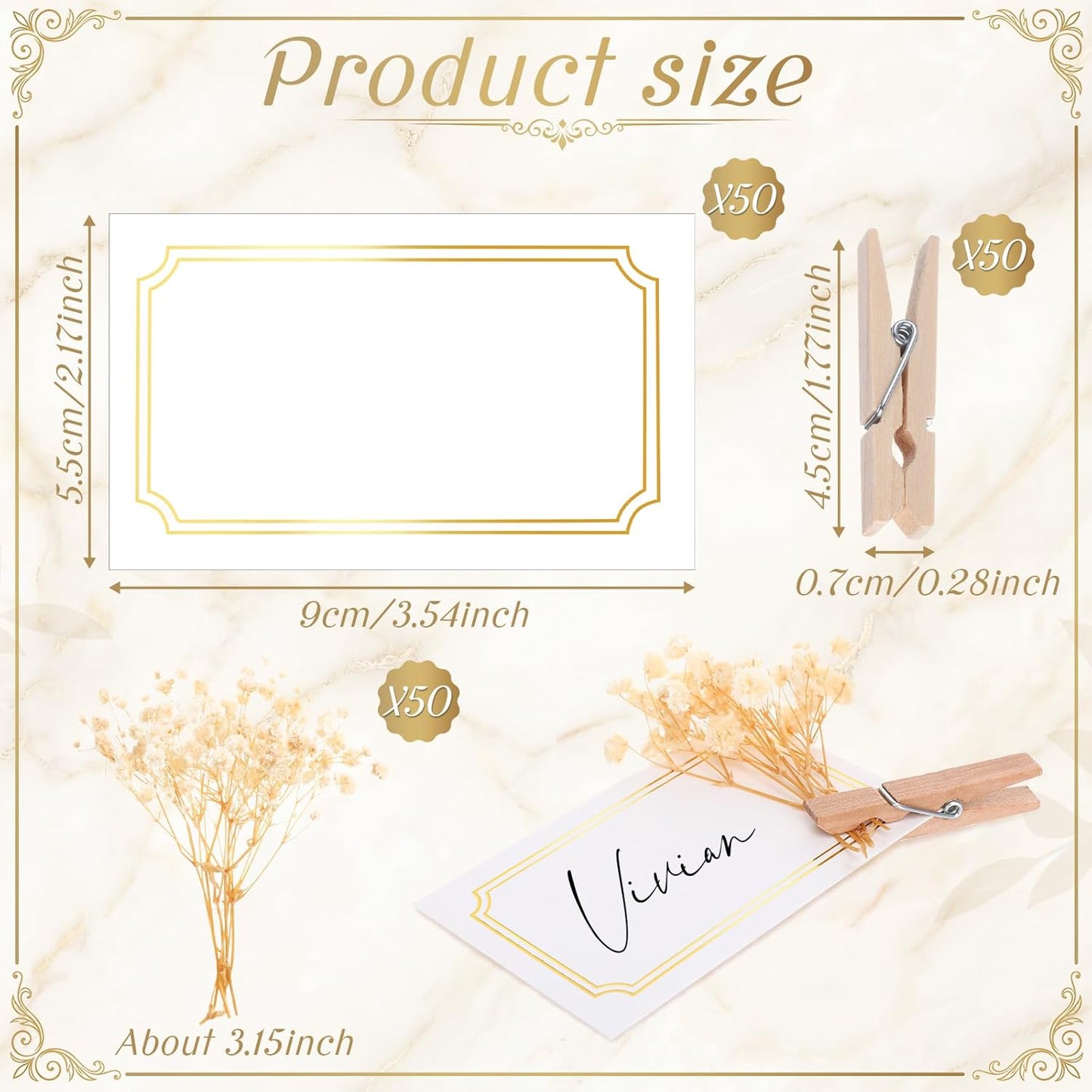Paquete de 50 tarjetas de lugar de boda con clip de madera y aliento de bebé dorado