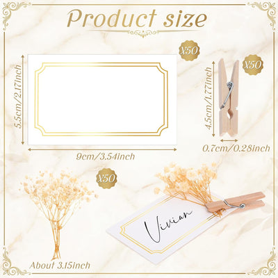 Paquete de 50 tarjetas de lugar de boda con clip de madera y aliento de bebé dorado