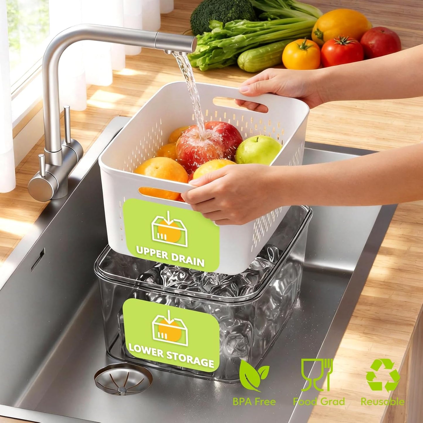 Paquete de 5 recipientes de frutas para refrigerador con coladores